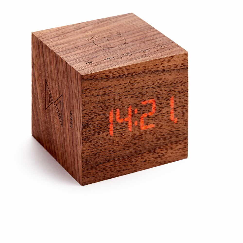 Ceas deșteptător din lemn de nuc Gingko Cube Plus