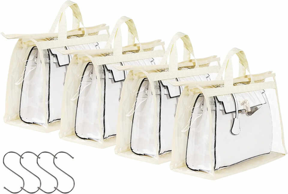 Set de 4 saci de depozitare a gentilor Puricon, transparent/bej, PVC, 28 X 17 X 38 cm
