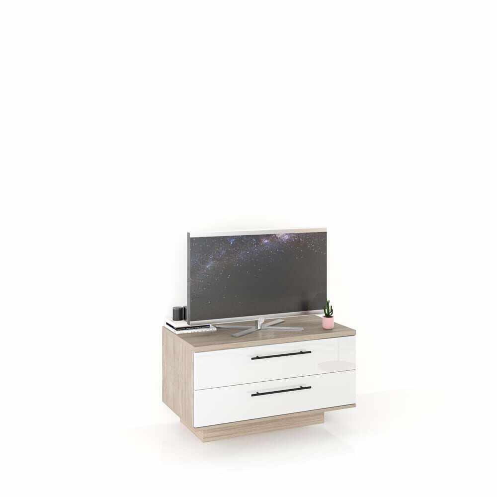 Comoda TV CUBO B90 Modern, 2 sertare, Oak, Alb Gloss