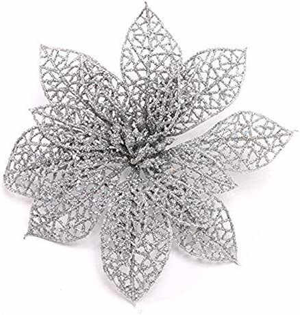 Set de 12 flori artificiale pentru bradul de Craciun Crazy Night, argintiu, plastic, 15 cm