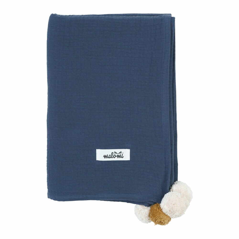  Pătură pentru copii albastru-închis din muselină 100x140 cm Pompon – Malomi Kids la pret 299 lei 