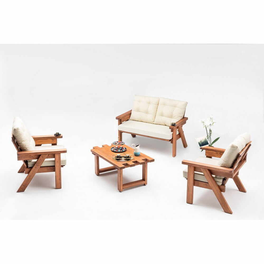 Set mobilier de grădină crem/în culoare naturală din lemn masiv de pin pentru patru persoane Abant – Floriane Garden