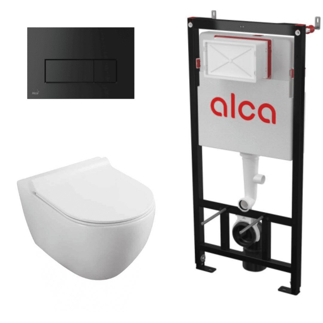 Set vas WC suspendat Fluminia Minerva Alb cu rezervor Alcadrain si clapeta negru mat