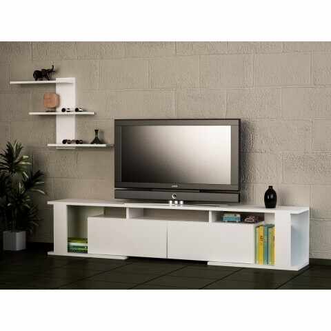 Comoda TV cu raft, Wooden Art, Game White, 180x29.6x36.8 cm