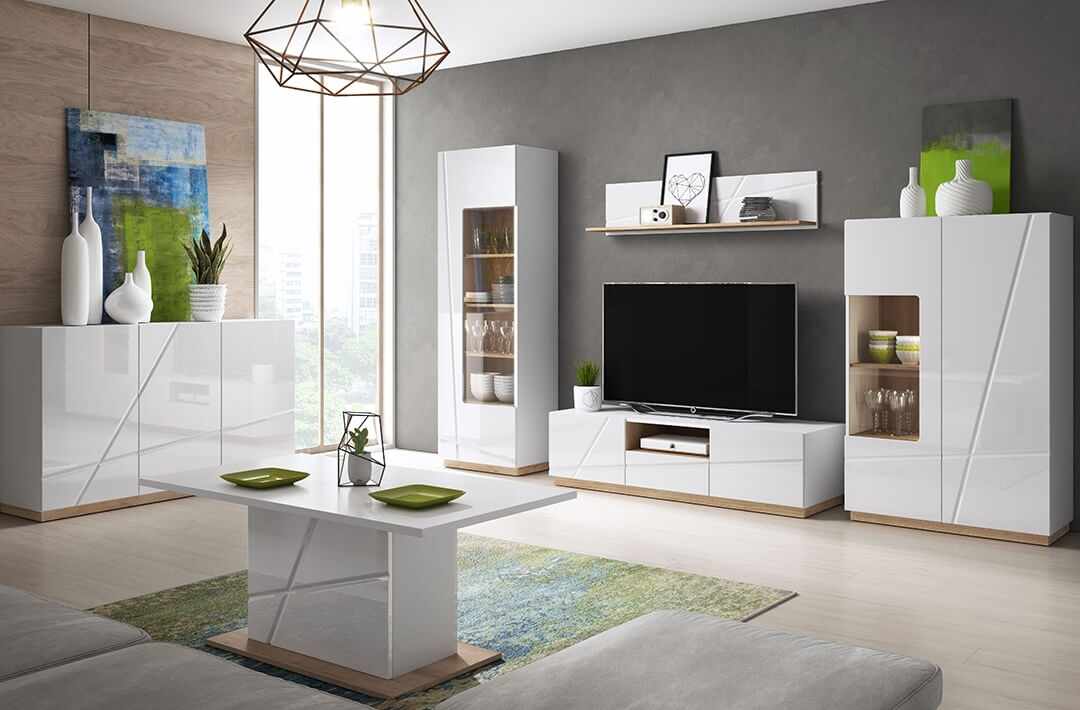 Set de mobila living din pal si sticla, 6 piese, Futura Alb / Stejar Riviera