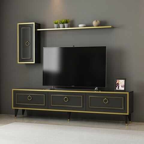 Comoda TV cu dulap de perete si polita Vals, Arnetti, 180 x 45.5 cm/30 x 62.5 cm/19 x 120 cm, negru/auriu