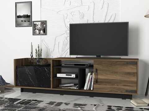 Comoda TV cu raft de perete Siento, Talon, 180 x 55 cm, walnut/negru