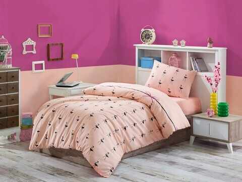 Lenjerie de pat pentru o persoana, Eponj Home, Flamingo 143EPJ01615, 2 piese, amestec bumbac, roz/negru