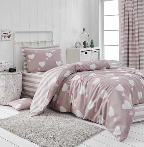 Lenjerie de pat pentru o persoana, Eponj Home, Herz 143EPJ04413, 2 piese, amestec bumbac, roz pudrat