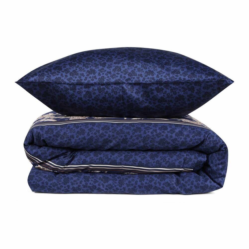 Lenjerie de pat dublu albastru-închis din bumbac satinat extinsă cu cearșaf și cuvertură 240x260 cm Pera – Mijolnir