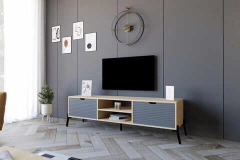 Comoda TV, Puqa Design, Nost, 160x41x40 cm, PAL, Stejar safir / Antracit