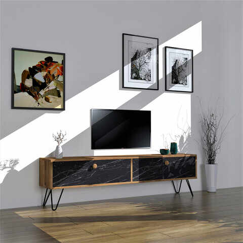 Comoda TV, Puqa Design, Side, 160x45x29.6 cm, PAL, Pin Atlantic / Negru