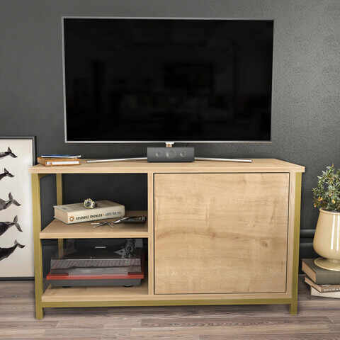 Comoda TV, Retricy, Muskegon, 89.6x35.3x50.8 cm, PAL, Aur / Stejar