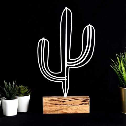 Decoratiune, Cactus, 17x37x3.5 cm, Metal, Alb
