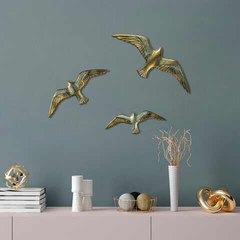 Decoratiune de perete, Flying Seagulls, Poliester, Auriu