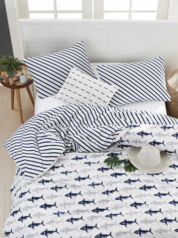 Lenjerie de pat pentru o persoana (ES), Shark - Dark Blue, White, Mjolnir, Bumbac Ranforce