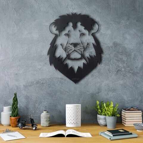 Decoratiune de perete, Lion Head, Metal, Dimensiune: 50 x 38 cm, Negru