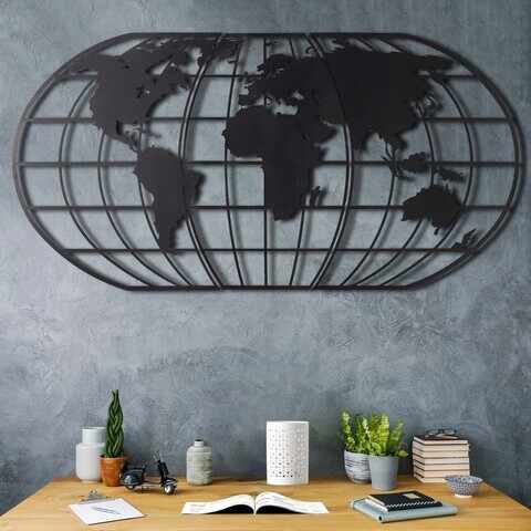 Decoratiune de perete, World Map Globe Led, Metal, Dimensiune: 60 x 120 cm, Negru