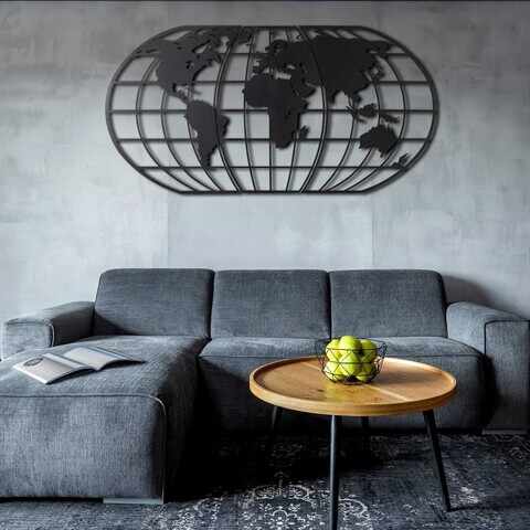 Decoratiune de perete, World Map Globe, Metal, Dimensiune: 60 x 120 cm, Negru