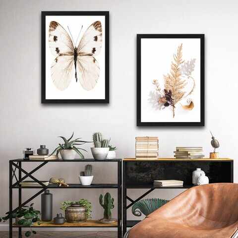 Set 2 tablouri decorative, Beige Butterfly Set, PAL, Hartie, Multicolor
