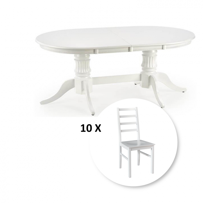 Set Masa extensibila JOSEPH, lemn masiv, ovala, 150 190x90x77 cm + 10 scaune NILO 8D, alb