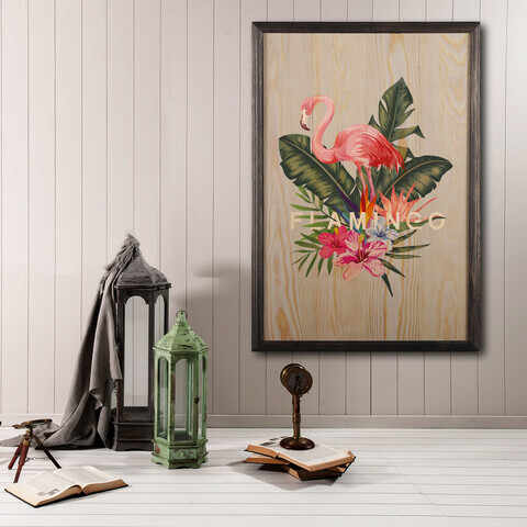 Tablou decorativ, Flamingo, Lemn, Lemn, Multicolor