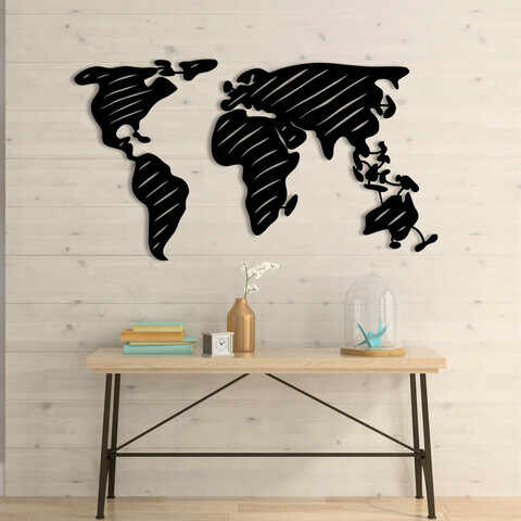 Decoratiune de perete, World Map 9, Metal, Dimensiune: 135 x 73 cm, Negru