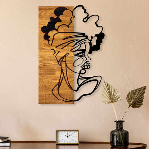Decoratiune de perete, African Woman 3, 50% lemn/50% metal, Dimensiune: 33 x 3 x 50 cm, Negru / Nuc deschis
