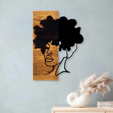 Decoratiune de perete, African Woman, 50% lemn/50% metal, Dimensiune: 35 x 3 x 50 cm, Negru / Nuc deschis