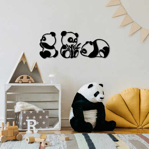 Decoratiune de perete, Pandas, Metal, 18 x 26 cm, Negru