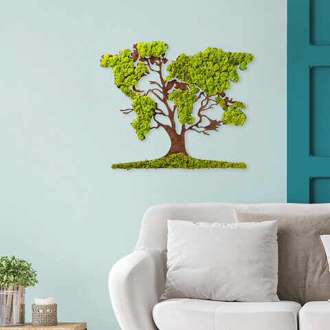 Decoratiune de perete, Tree 2, 100% MDF/MOSS (grosime: 6 mm), Dimensiune: 71 x 1 x 59 cm, Verde/Maro
