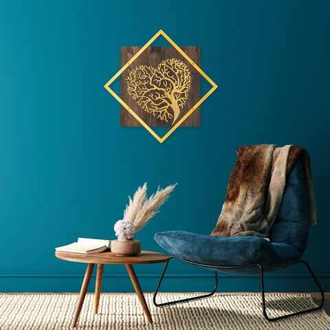 Decoratiune de perete, Tree v3, 50% lemn/50% metal, Dimensiune: 54 x 54 cm, Nuc / Aur