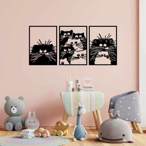 Decoratiune de perete, Cats, Metal, 50 x 70 cm, 3 piese, Negru
