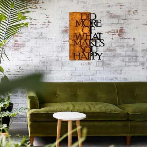 Decoratiune de perete, Do More Of What Makes You Happy, 50% lemn/50% metal, Dimensiune: 42 x 58 cm, Nuc / Negru