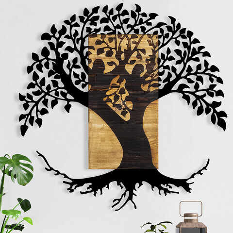 Decoratiune de perete, Monument Tree, Metal/lemn, Dimensiune: 89 x 3 x 90 cm, Nuc / Negru