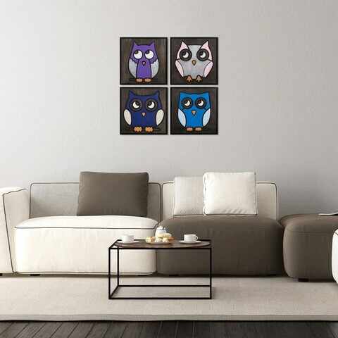 Decoratiune de perete, Owl Family, Placaj, 30 x 30 cm, 4 piese, Negru / Alb / Violet / Albastru / Roz