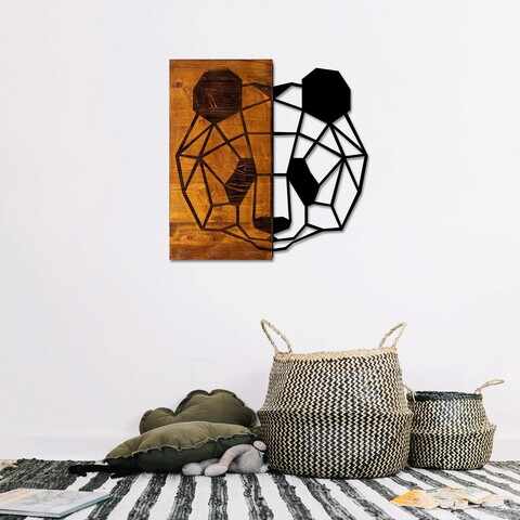 Decoratiune de perete, Panda, 50% lemn/50% metal, Dimensiune: 58 x 58 cm, Nuc / Negru