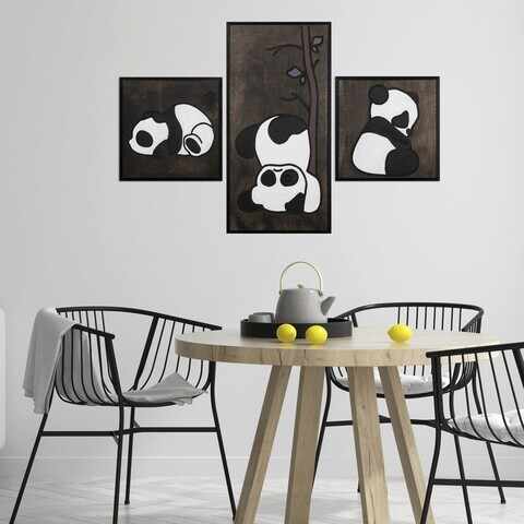 Decoratiune de perete, Panda Family, Placaj, 30 x 30 cm, 2 piese, Alb negru