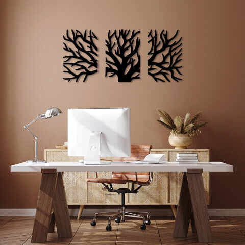 Decoratiune de perete, Tree, Metal, 46 x 70 cm, 3 piese, Negru