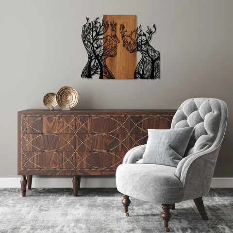 Decoratiune de perete, Tree Woman And Man, 50% lemn/50% metal, Dimensiune: 70 x 58 cm, Nuc / Negru