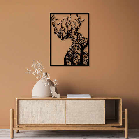 Decoratiune de perete, Tree Woman, Metal, Dimensiune: 52 x 70 cm, Negru