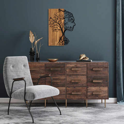 Decoratiune de perete, Woman Face, 50% lemn/50% metal, Dimensiune: 43 x 58 cm, Nuc / Negru