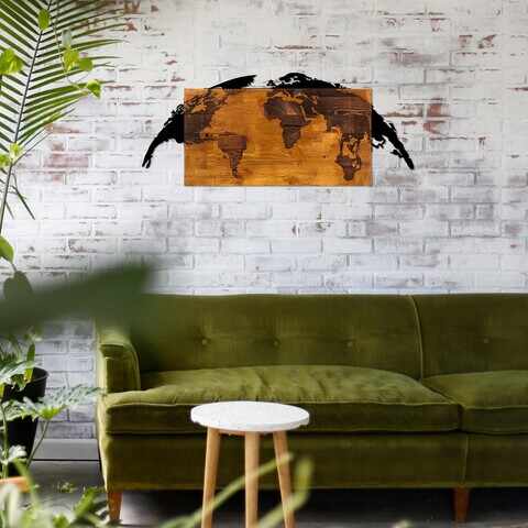 Decoratiune de perete, World Map, 50% lemn/50% metal, Dimensiune: 83 x 35 cm, Nuc / Negru