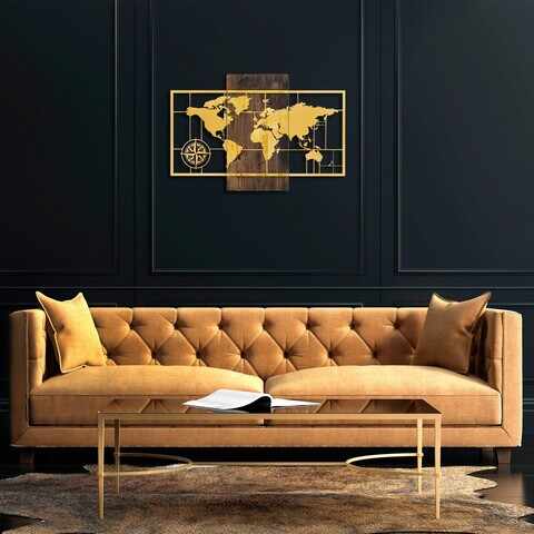 Decoratiune de perete, World Map Wıth Compass, 50% lemn/50% metal, Dimensiune: 85 x 58 cm, Nuc / Aur