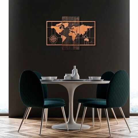 Decoratiune de perete, World Map Wıth Compass, 50% lemn/50% metal, Dimensiune: 85 x 58 cm, Nuc / Cupru