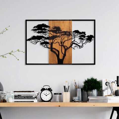 Decoratiune de perete, Acacia Tree, Lemn/metal, 90 x 58 cm, Nuc / Negru