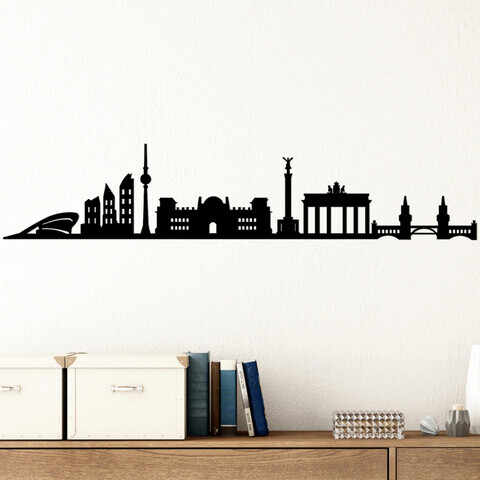 Decoratiune de perete, Berlin Skyline, Metal, Dimensiune: 119 x 24 cm, Negru