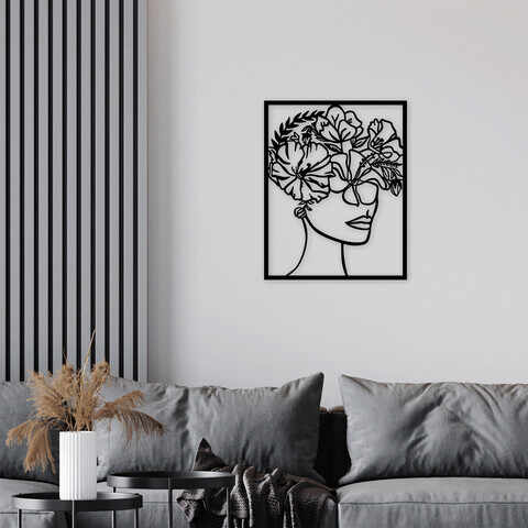 Decoratiune de perete, Flower Woman, Metal, Dimensiune: 60 x 75 cm, Negru