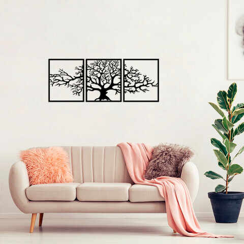 Decoratiune de perete, Tree 10, Metal, 49 x 60 cm, 3 piese, Negru
