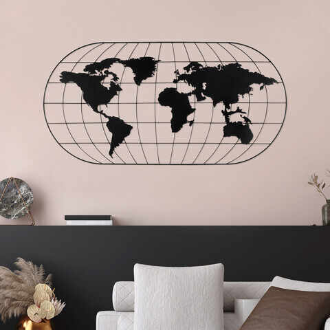 Decoratiune de perete, World Map 17, Metal, Dimensiune: 120 x 60 cm, Negru